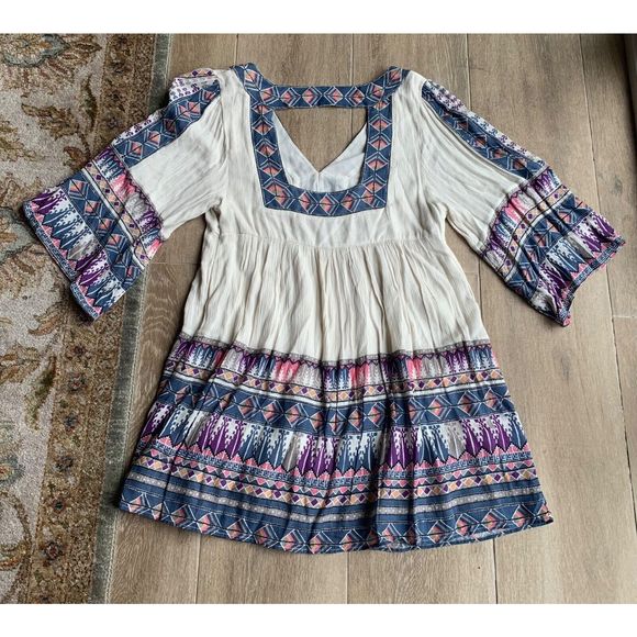 Free People Terra Nova boho blue purple print lined Tunic Mini Dress sz L - Picture 10 of 12